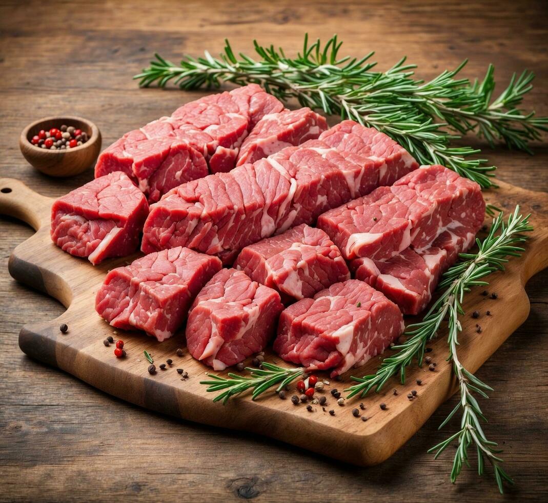 AI generated Raw beef steak on a cutting board with rosemary and peppercorns photo