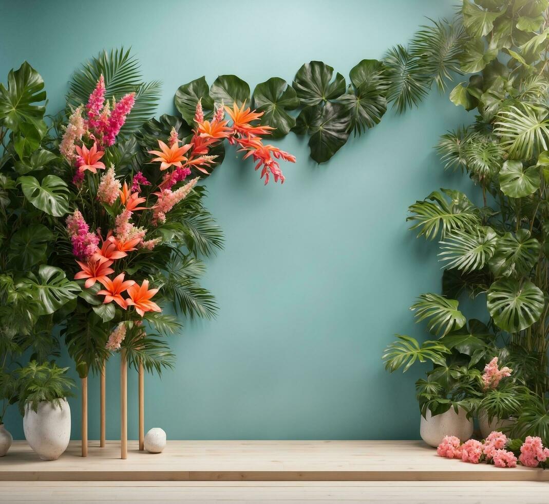 AI generated Tropical flowers in vase on turquoise wall background photo