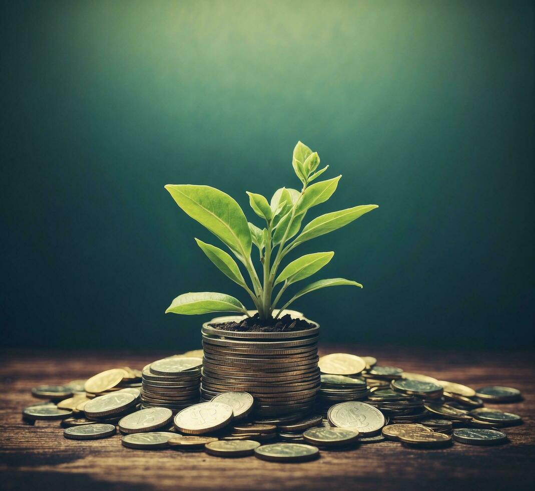 AI generated plant growing out of coins with filter effect retro vintage style and soft focus photo