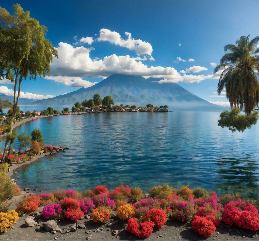 AI generated Lake Atitlan and Mount Agung volcano in Guatemala, Central America photo