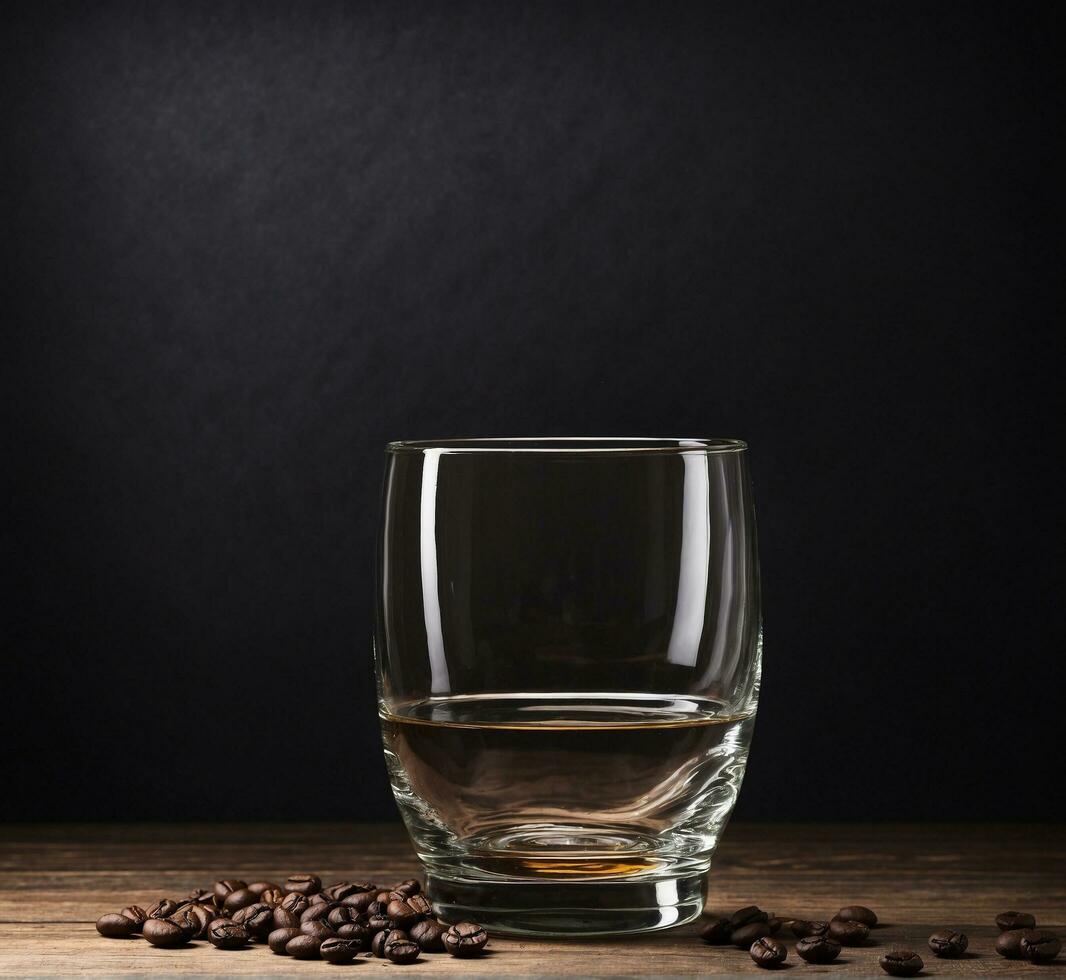 AI generated Whiskey with coffee beans on wooden table over black background. photo