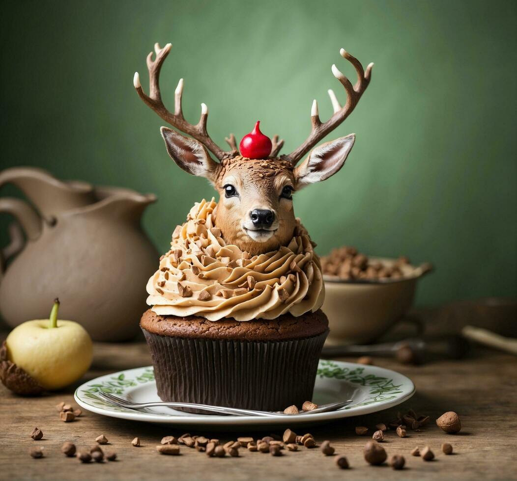 AI generated Christmas cupcake with chocolate frosting and deer antlers, selective focus photo