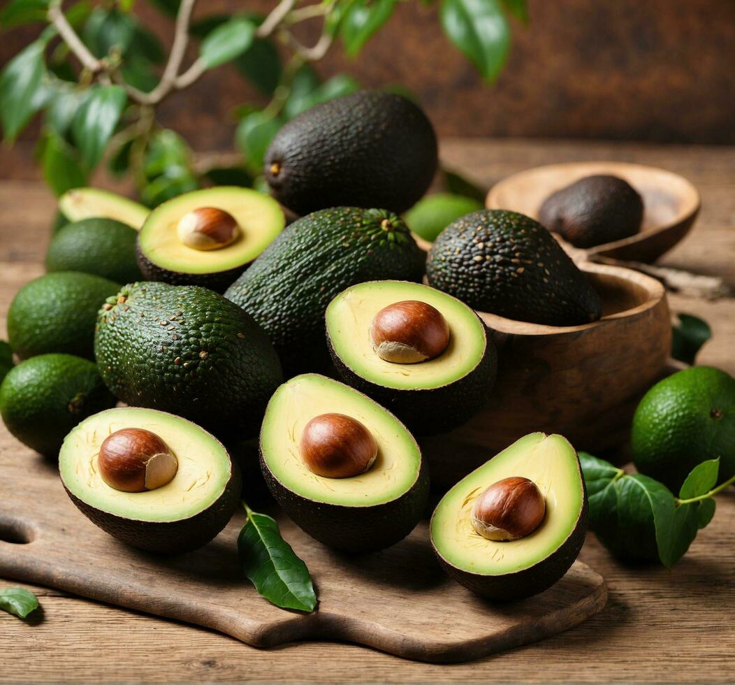 AI generated Fresh ripe avocados with leaves on wooden table, closeup photo