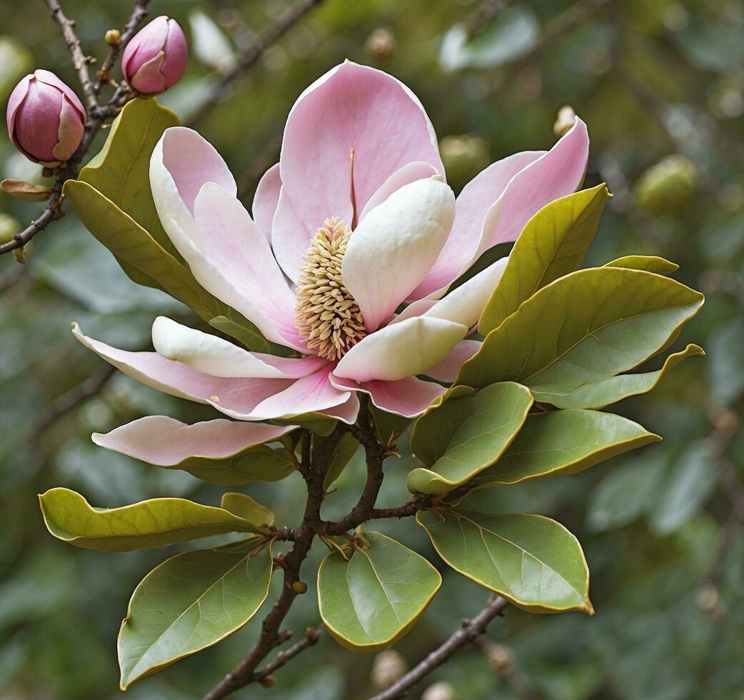 AI generated Beautiful magnolia flower on a tree in spring, close up photo