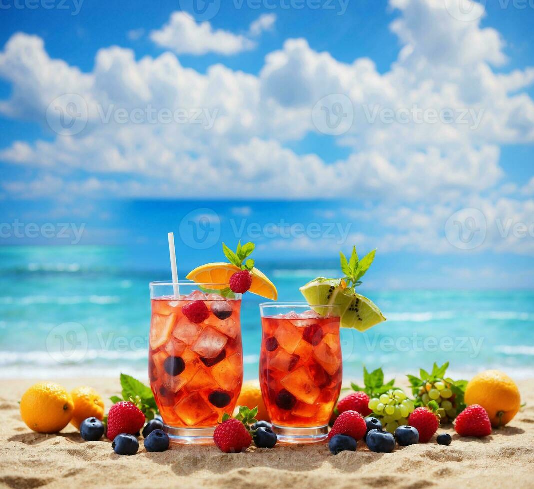 ai generado verano bebida con frutas en arenoso playa en el antecedentes de mar y cielo foto