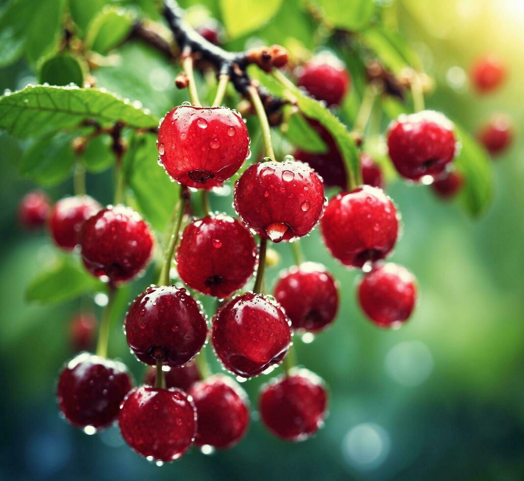 AI generated Bunch of ripe red cherries on a branch in the garden photo