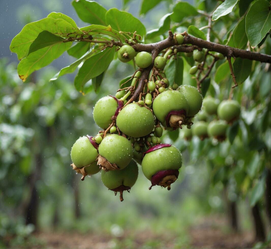 AI generated A bunch of unripe green eggplants on the tree photo