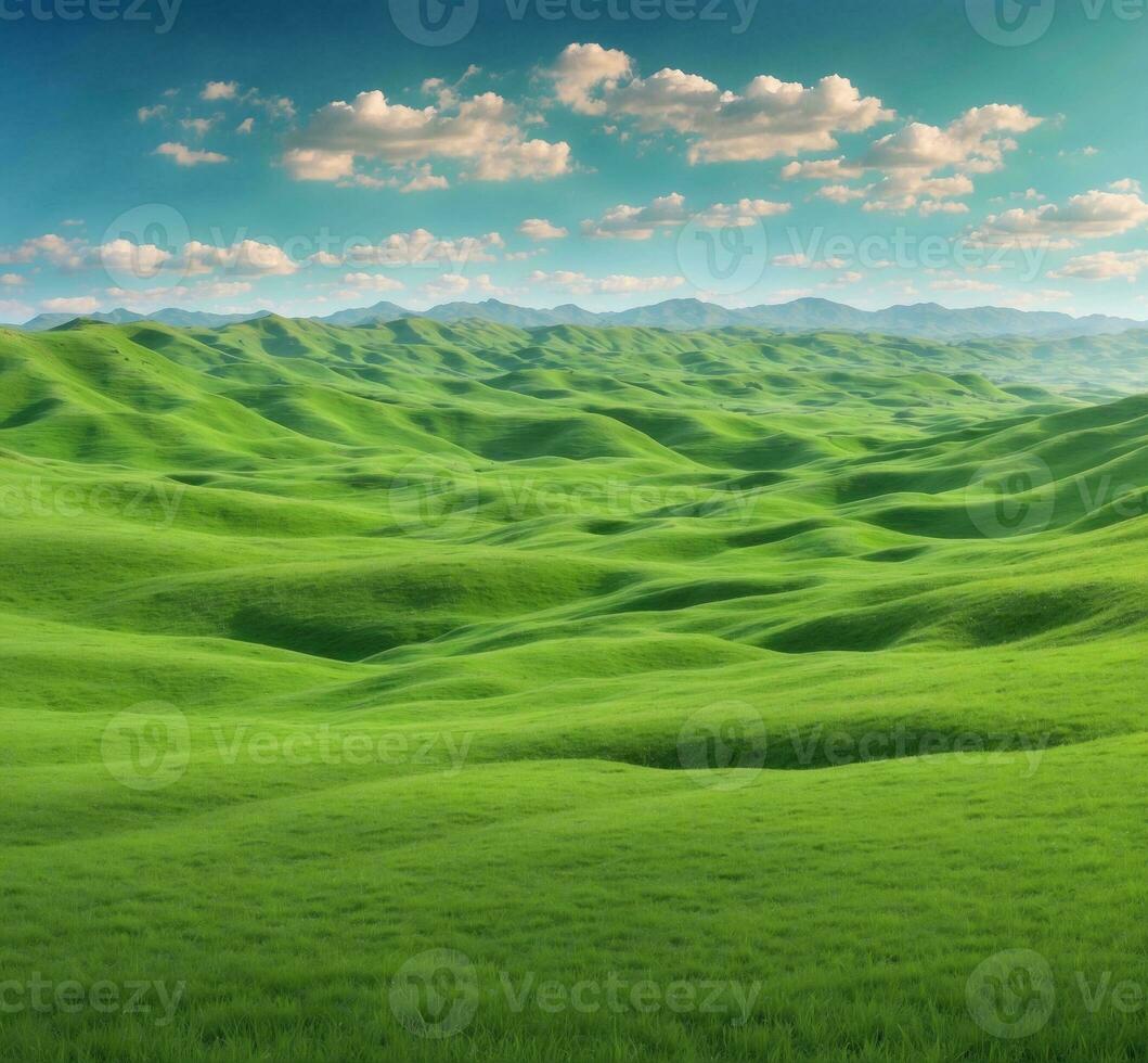 AI generated green meadow and blue sky with clouds. 3d render illustration photo