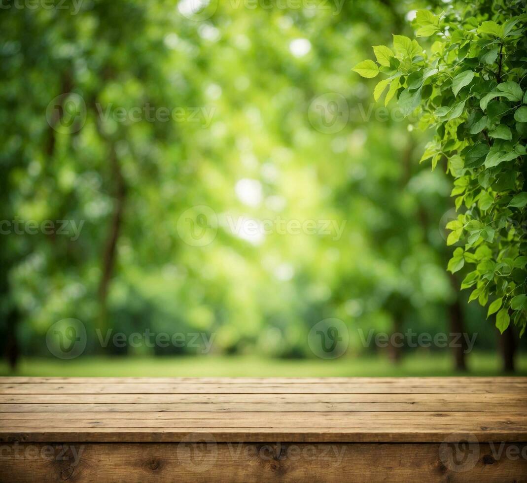 AI generated Empty wooden table over blurred green nature background, product display montage photo