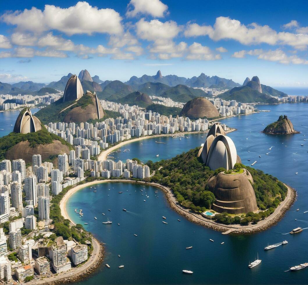 AI generated Aerial view of Rio de Janeiro, Brazil. Drone photography. photo