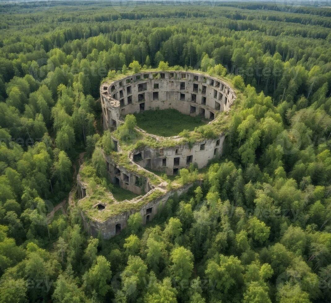 AI generated Aerial view of ruins of medieval castle in the middle of forest photo