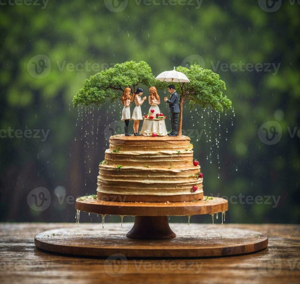 AI generated wedding cake with family and tree in the rain on a wooden table photo