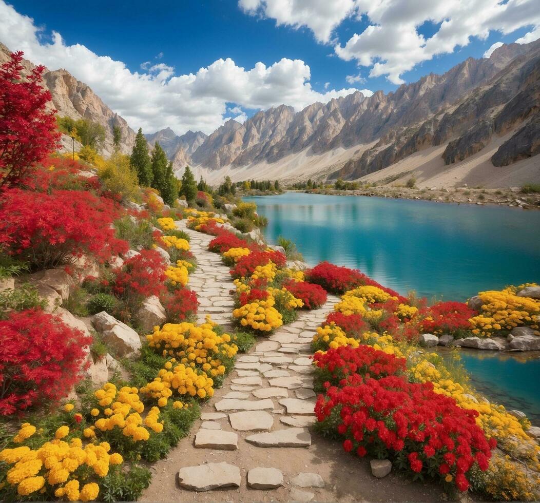 AI generated Mountain landscape with lake and colorful flowers in Ladakh, India photo