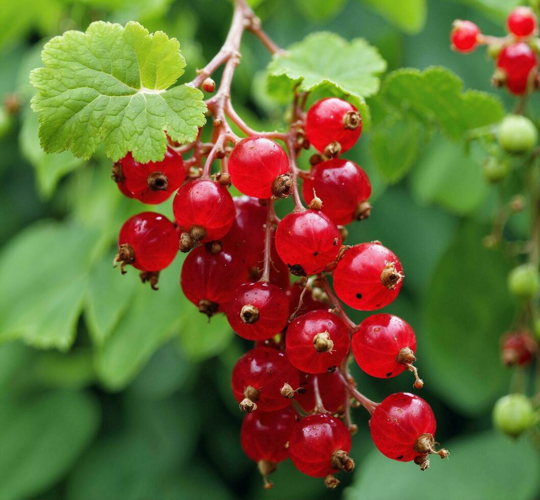 AI generated Red currant berries with water drops on green leaves background, closeup photo