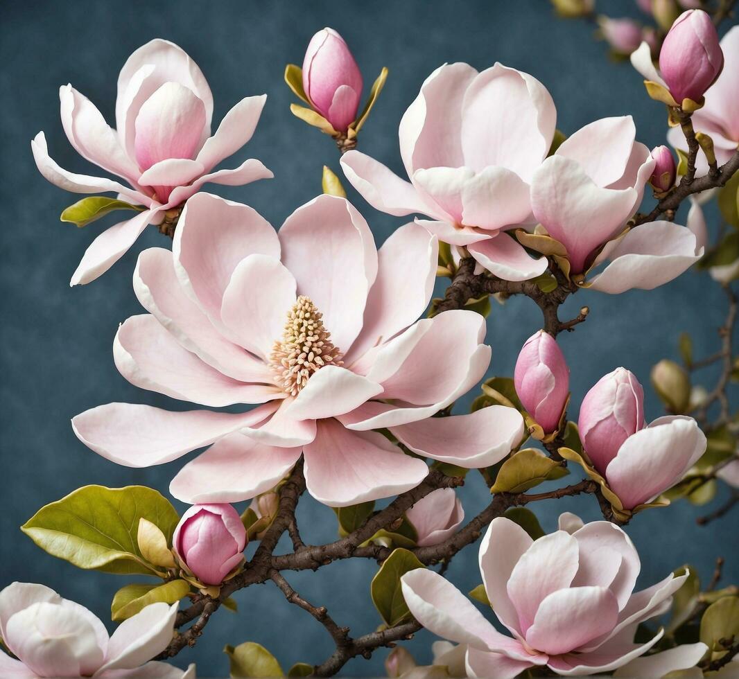 AI generated Beautiful magnolia flowers on dark blue background. Spring flowers. photo