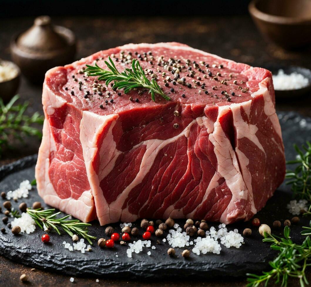 AI generated Raw beef steak with rosemary, salt, and pepper on a stone board. photo