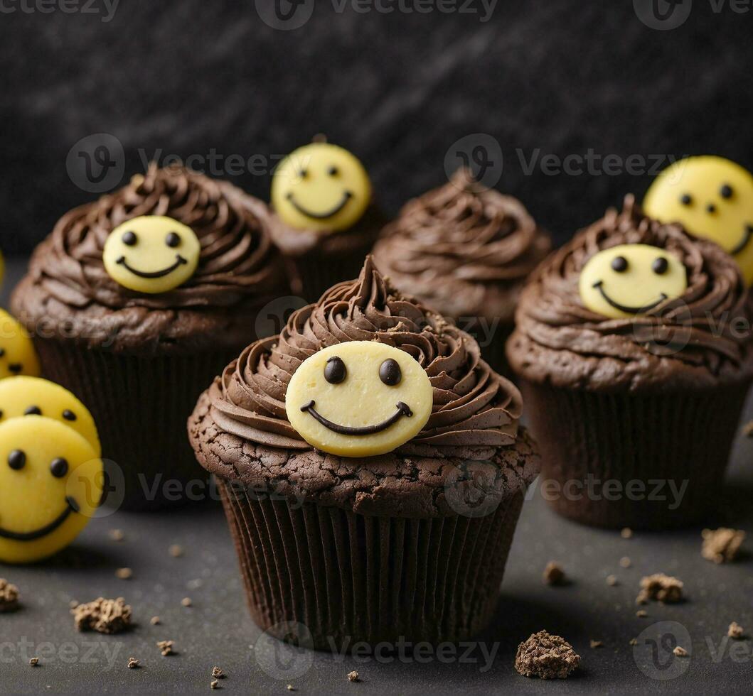 AI generated Chocolate cupcakes with smiley faces on dark background, closeup photo