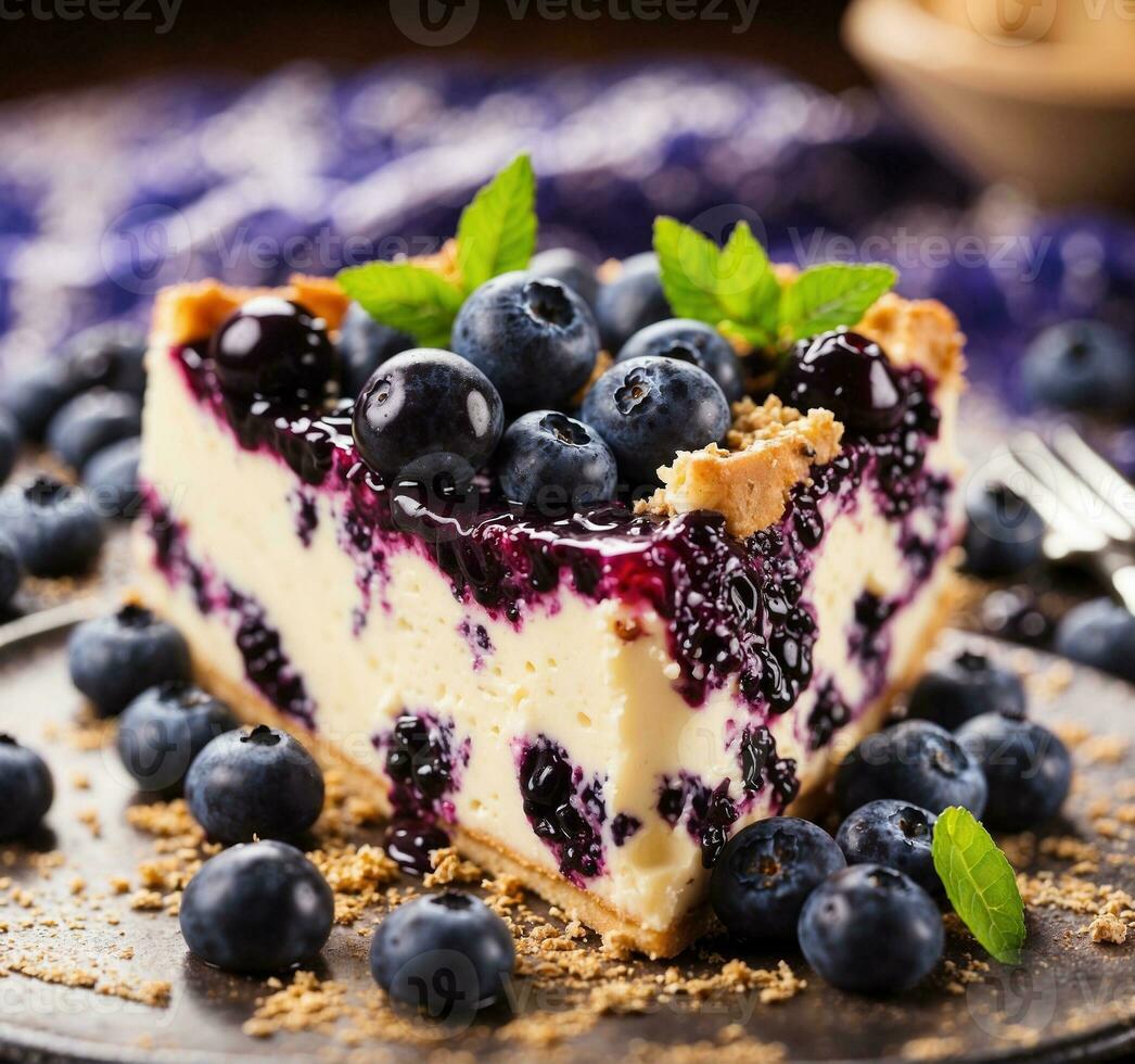 AI generated Blueberry cheesecake with fresh blueberries and mint on wooden background photo
