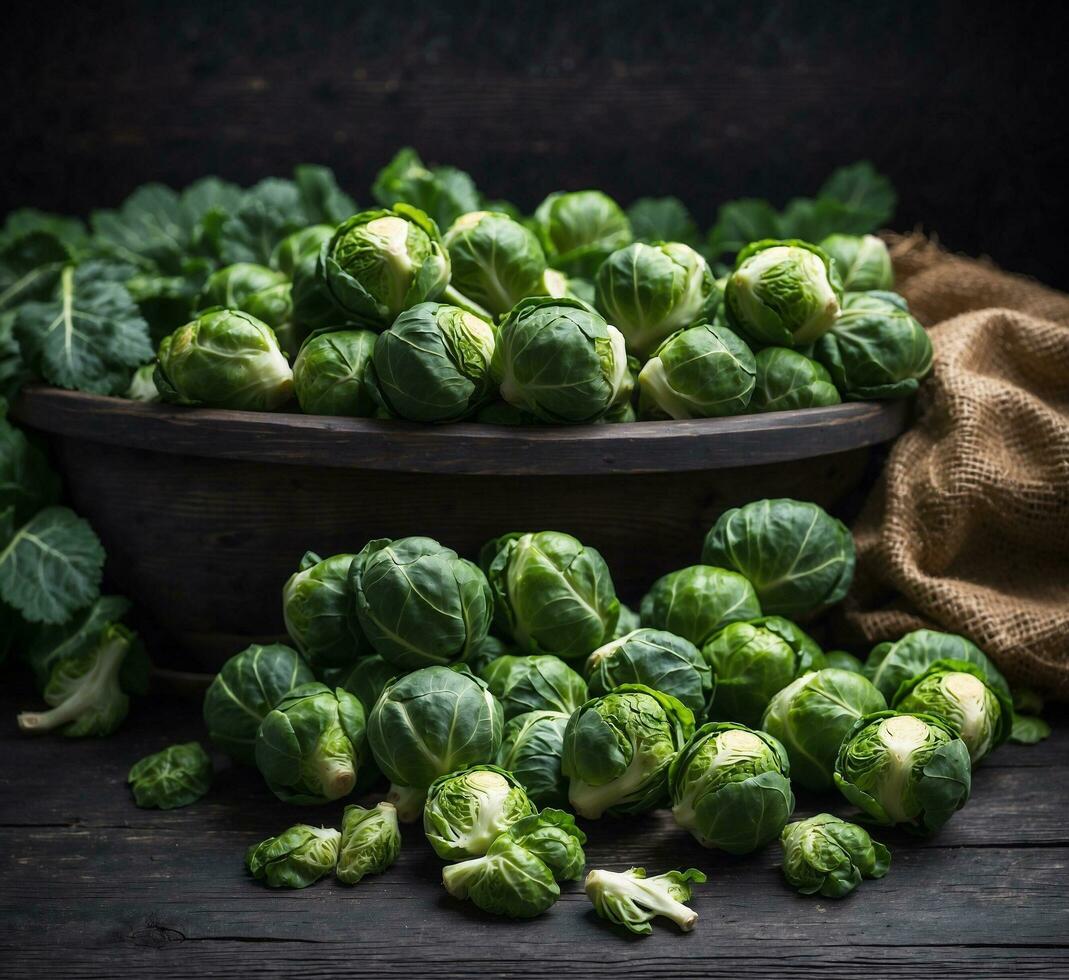 AI generated Brussels sprouts on a rustic wooden background, selective focus photo