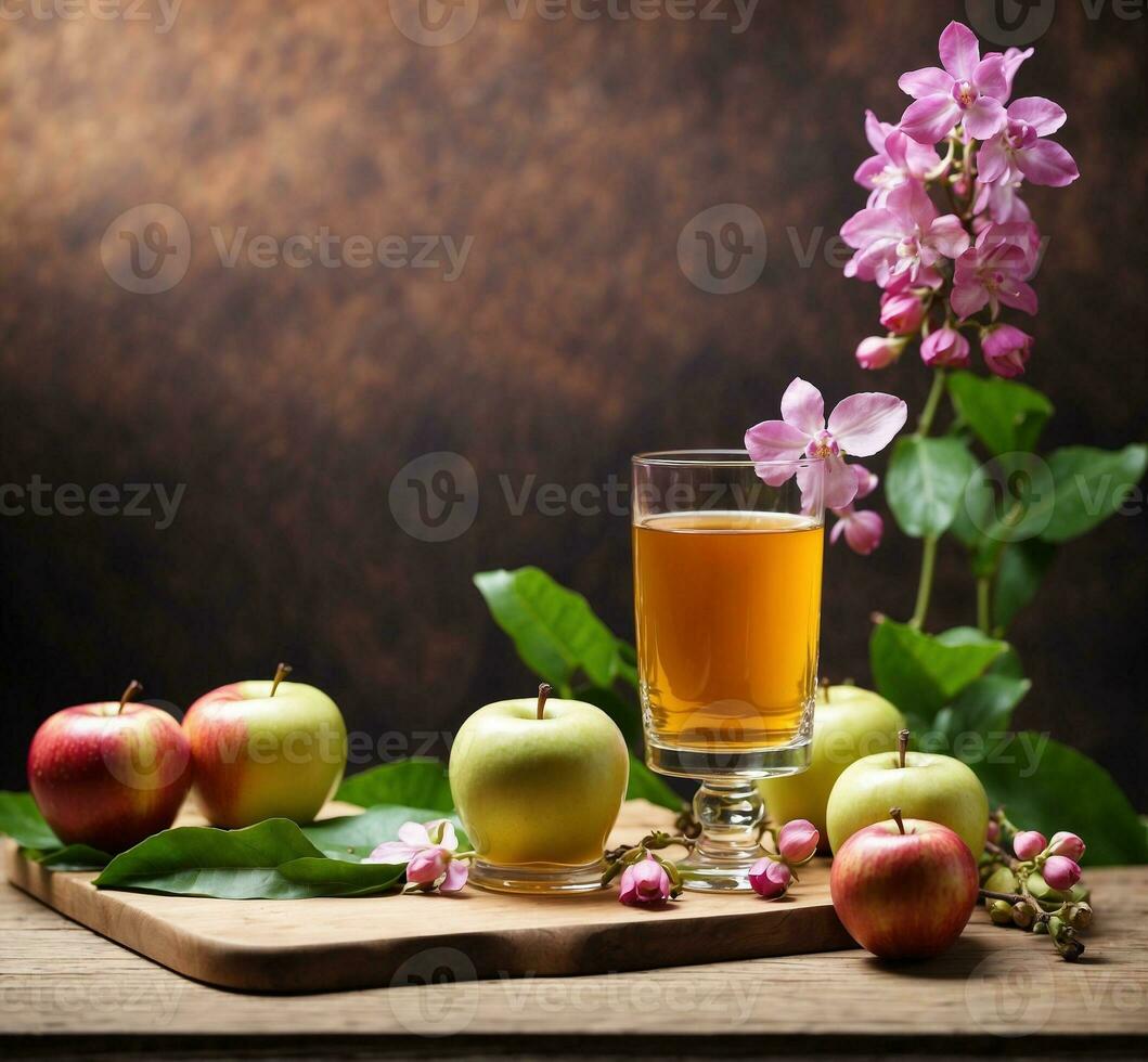 AI generated Apple juice in a glass with fresh apples and flowers on a wooden background photo