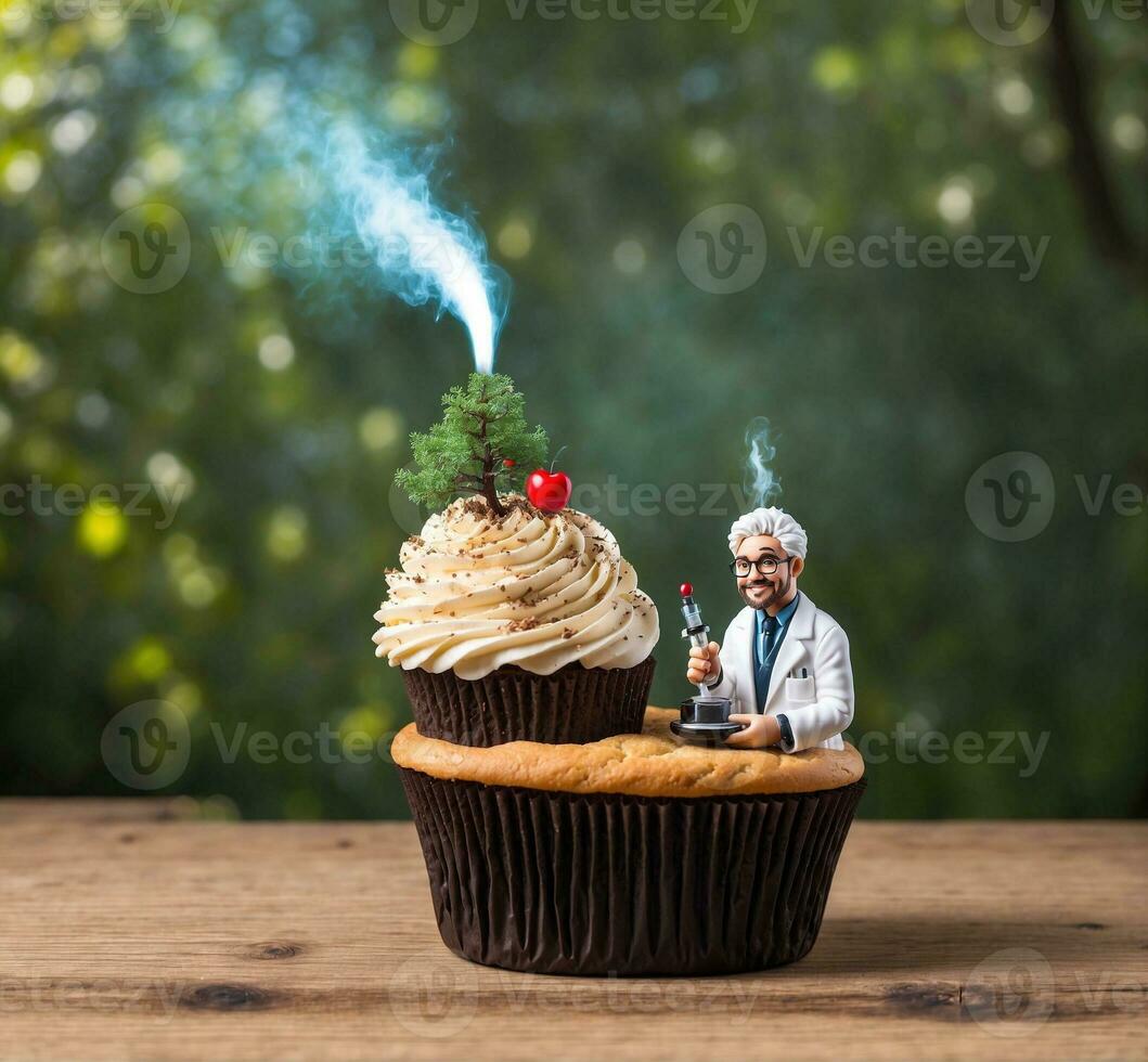 AI generated Nutritionist with christmas cupcake on wooden table with nature background photo