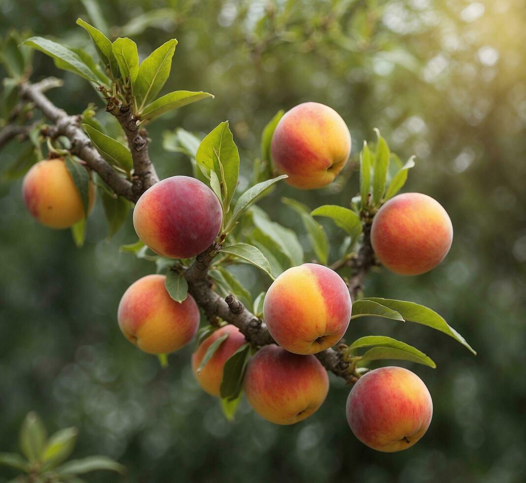 AI generated Plum tree with ripe fruits on blurred background, close up. photo