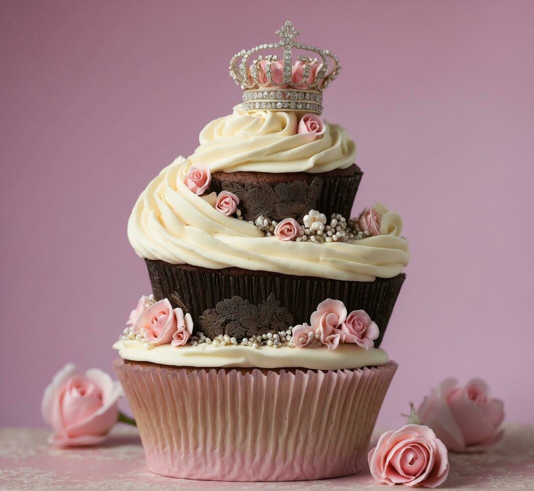 AI generated Cupcake with pink cream and fresh raspberries on a wooden table photo