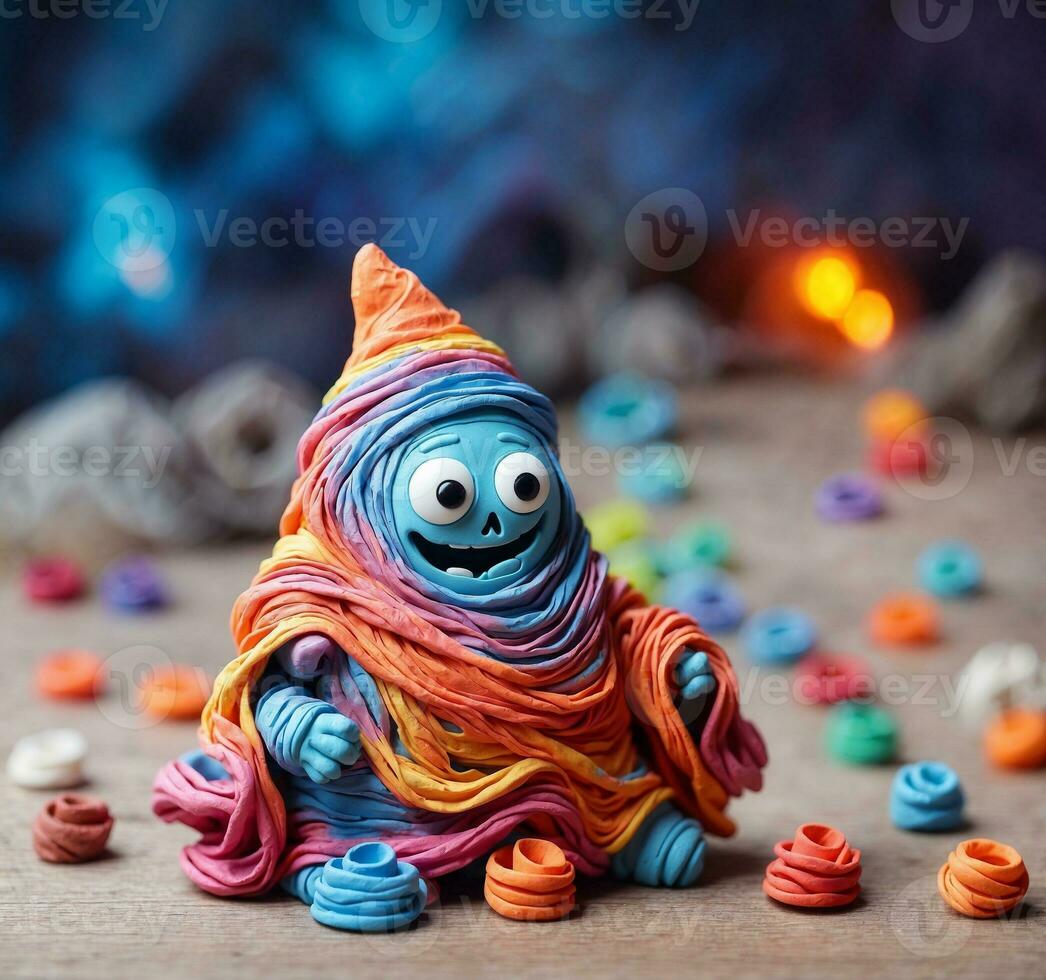 AI generated Halloween holiday concept. Colorful plasticine figures on a wooden background photo