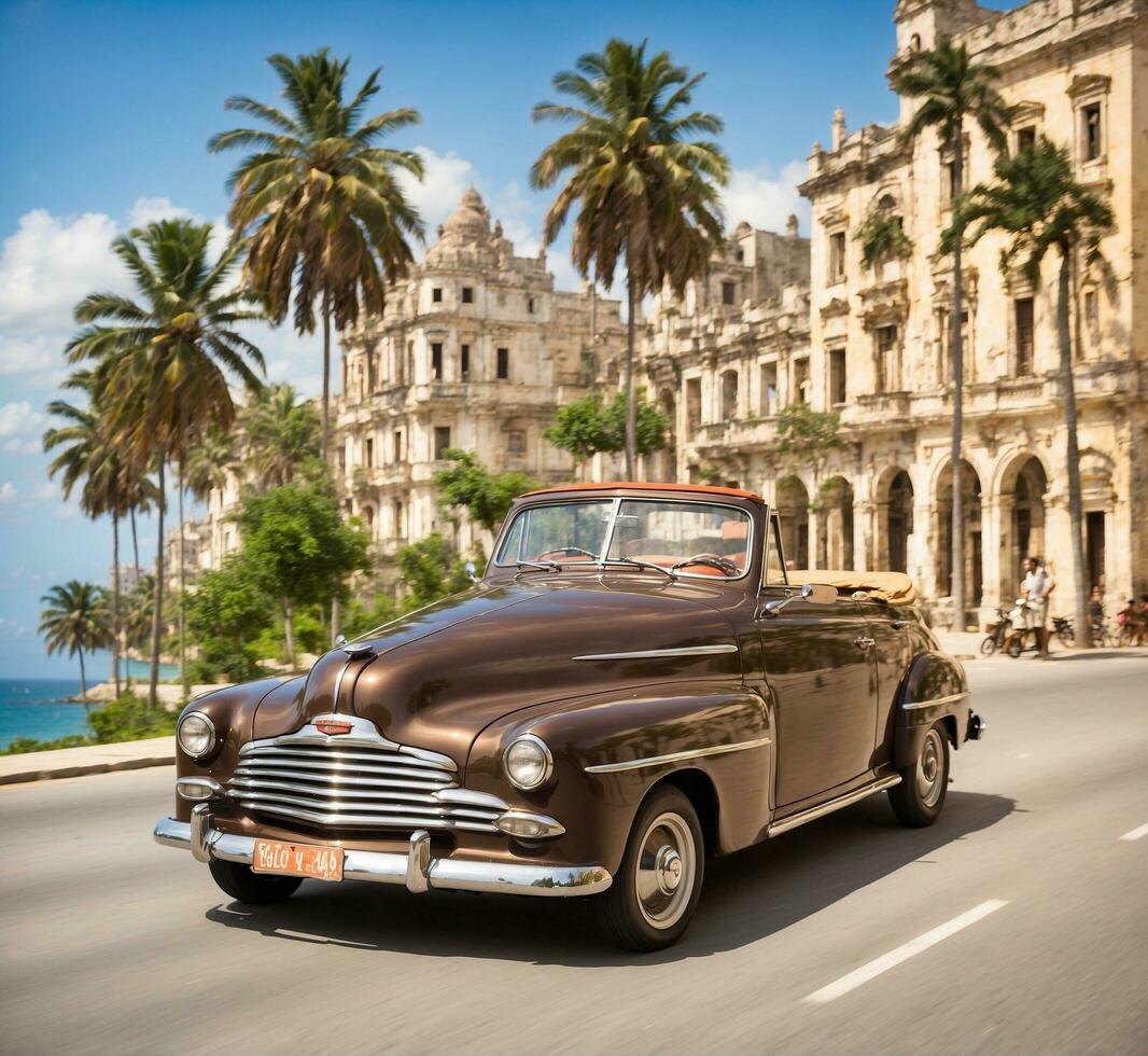 ai generado Clásico coche en el la carretera en la Habana, Cuba. la Habana es el capital y mas grande ciudad de Cuba. foto