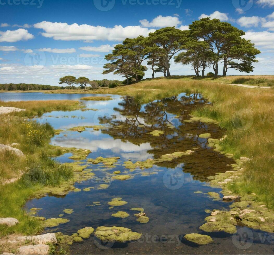 ai generado pino arboles reflejado en un lago en el isla tierra en Suecia foto