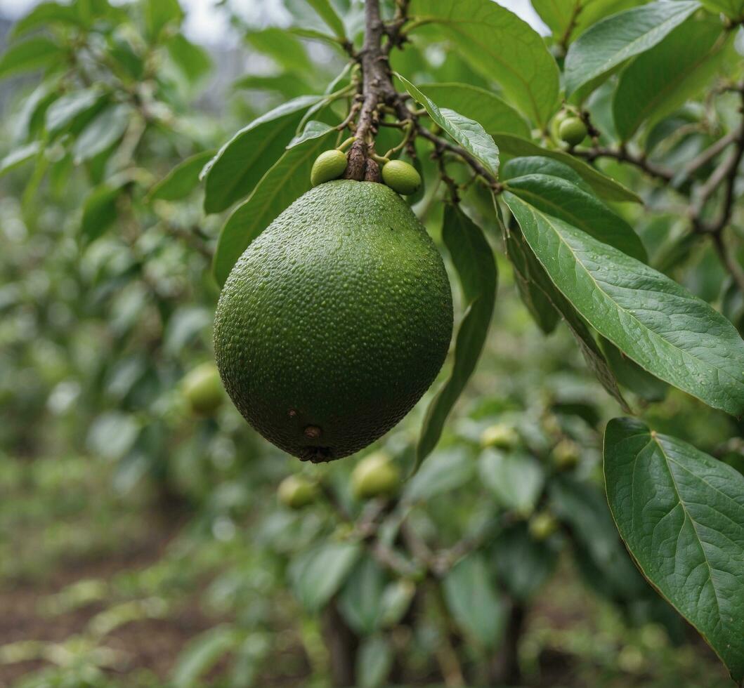 AI generated Avocado fruit on the tree in the orchard. Selective focus. photo
