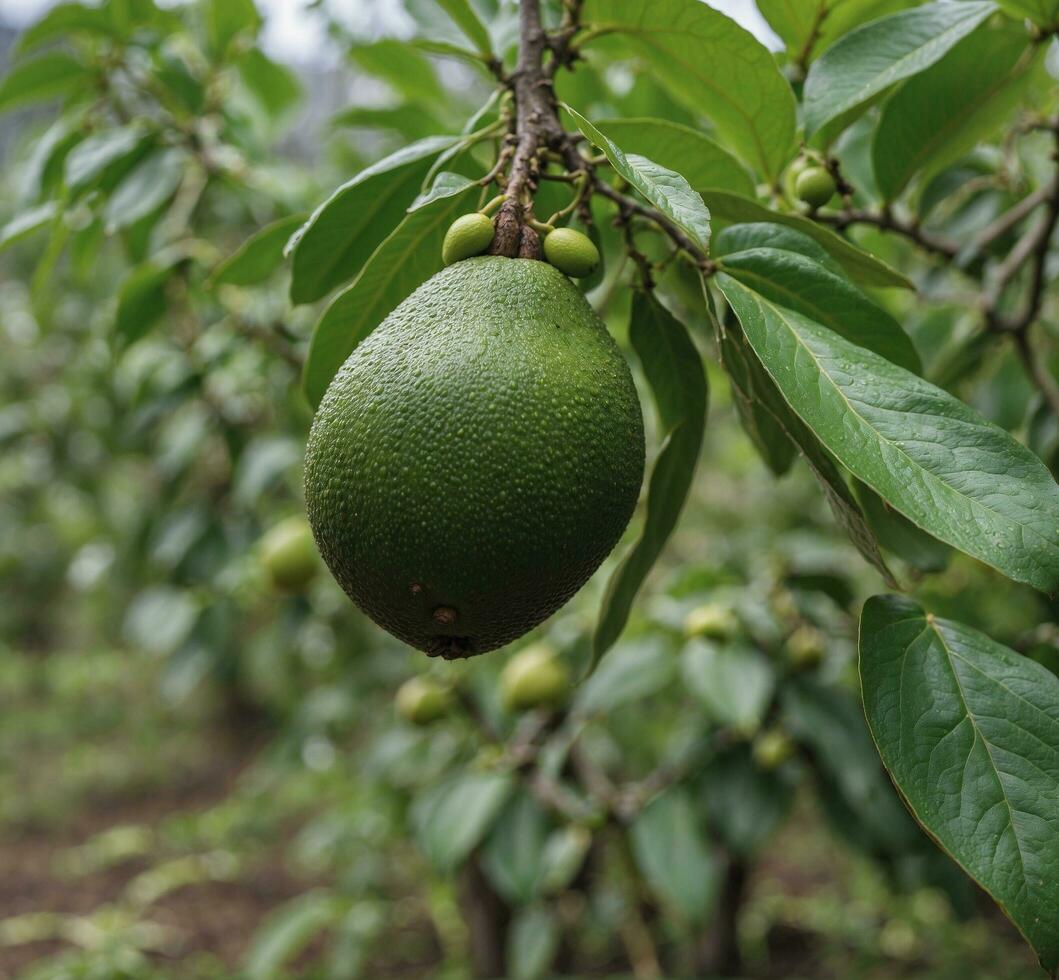 ai generado aguacate Fruta en el árbol en el huerta. selectivo enfocar. foto