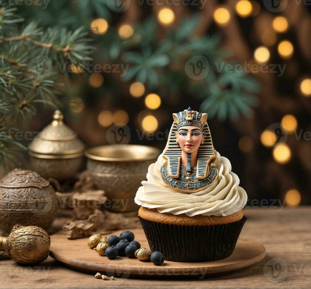 AI generated Christmas cupcake with egyptian queen on top on wooden background photo