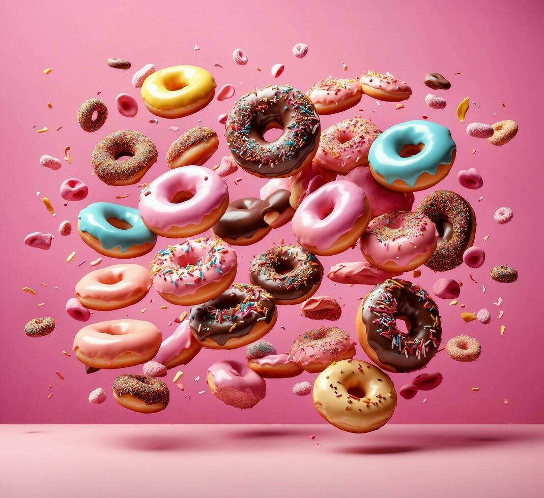 AI generated Flying donuts with sprinkles on pink background. 3d rendering photo