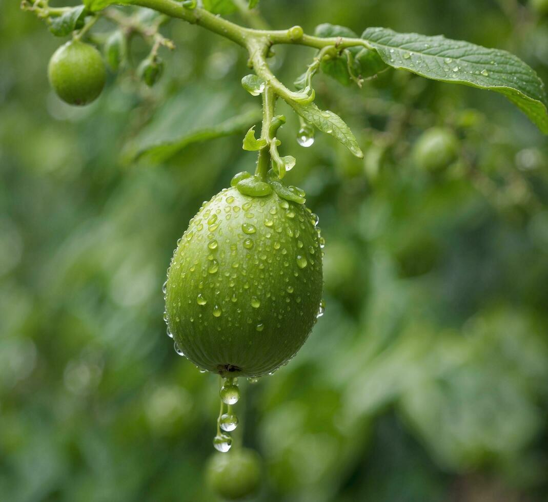AI generated Green tomatoes growing on a branch with water drops in the garden. photo