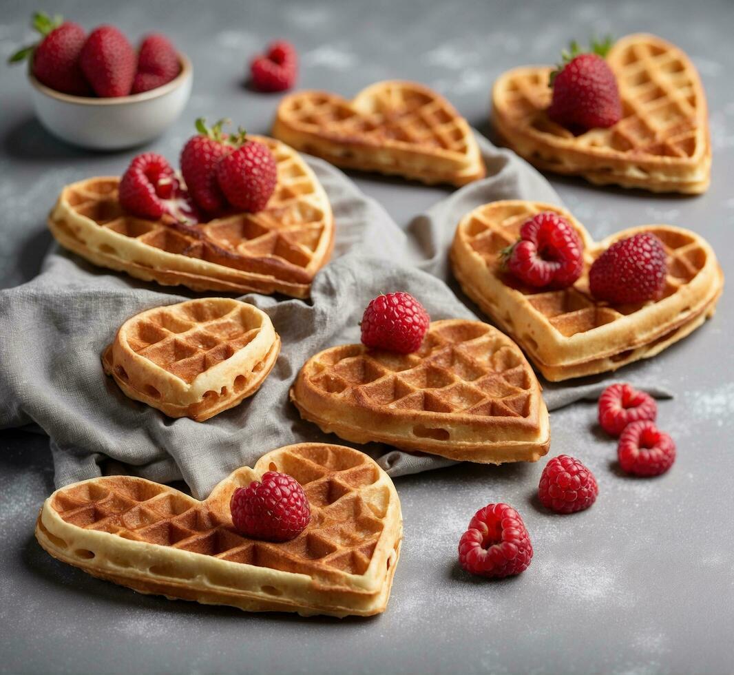 AI generated Heart shaped Belgian waffles with fresh raspberries and strawberries on grey background photo