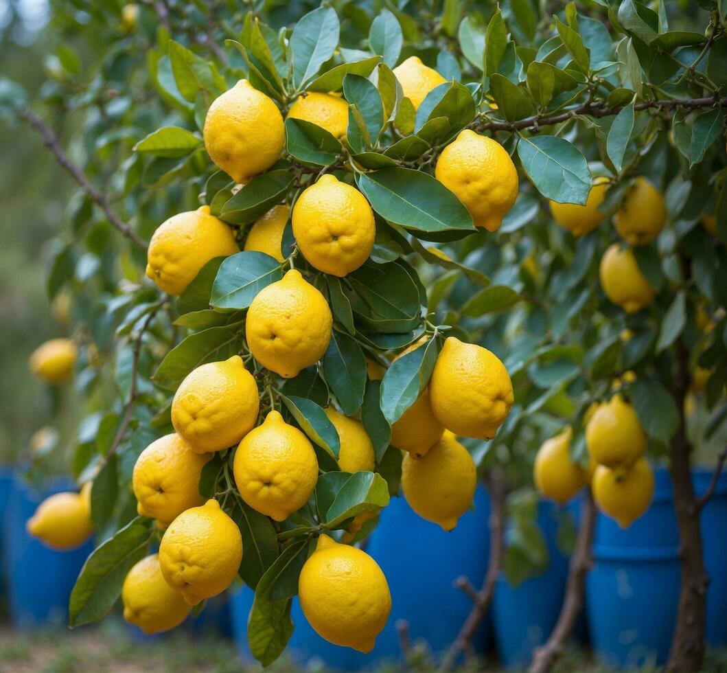 AI generated Lemons growing on a lemon tree in a garden in Sicily, Italy. photo