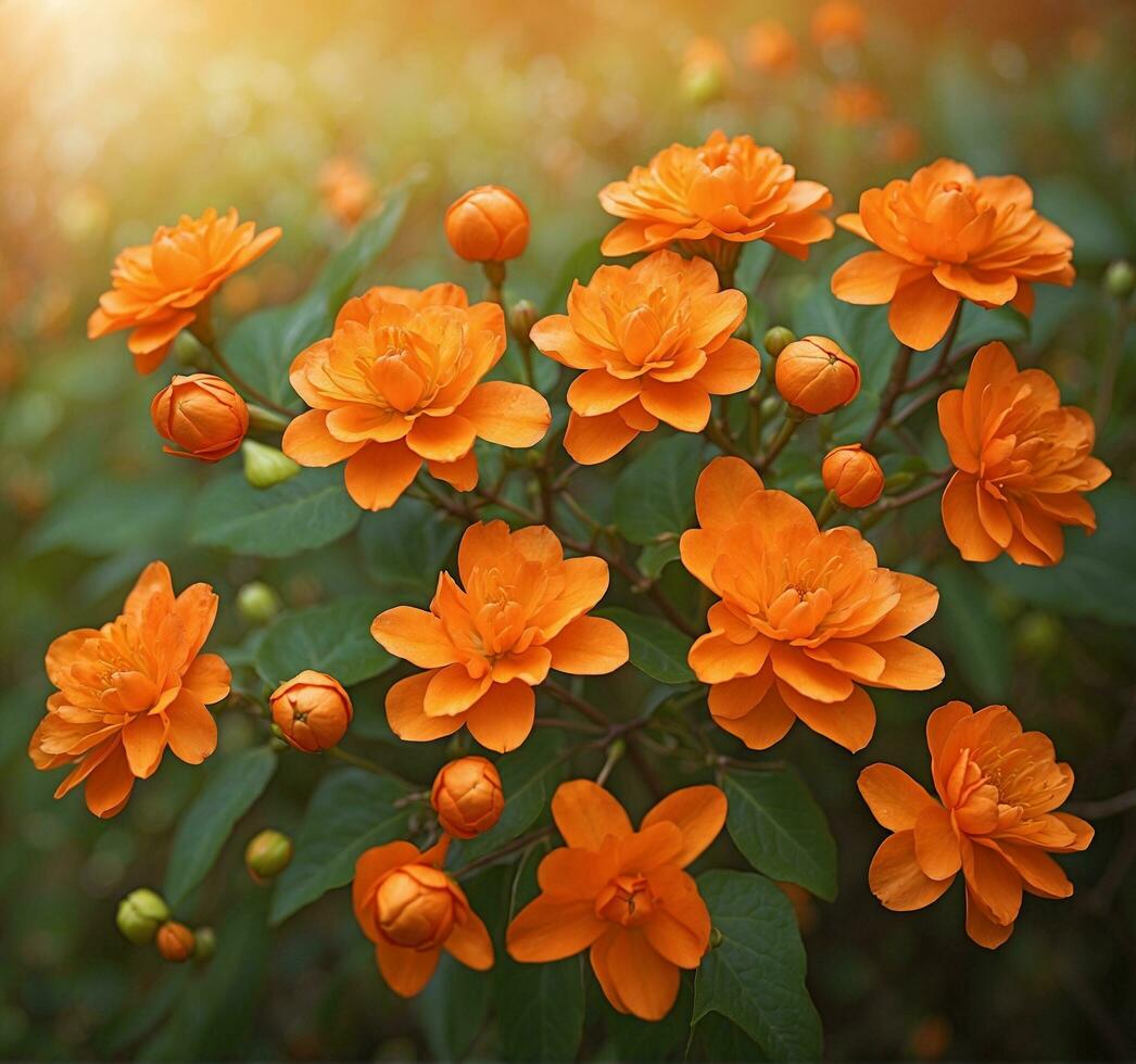 AI generated Beautiful orange flowers in the garden. Nature background with copy space. photo