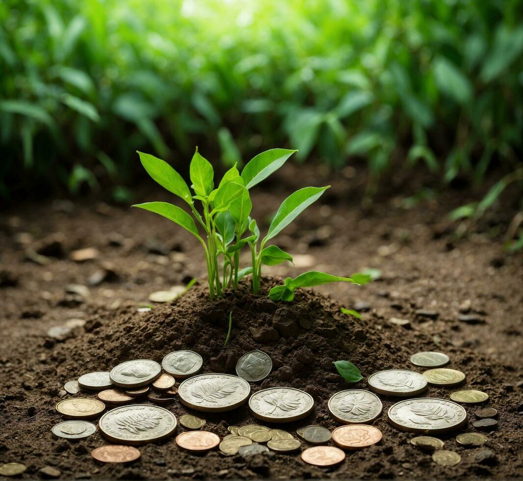 AI generated Plant growing from pile of coins. Money growth concept. Business investment. photo
