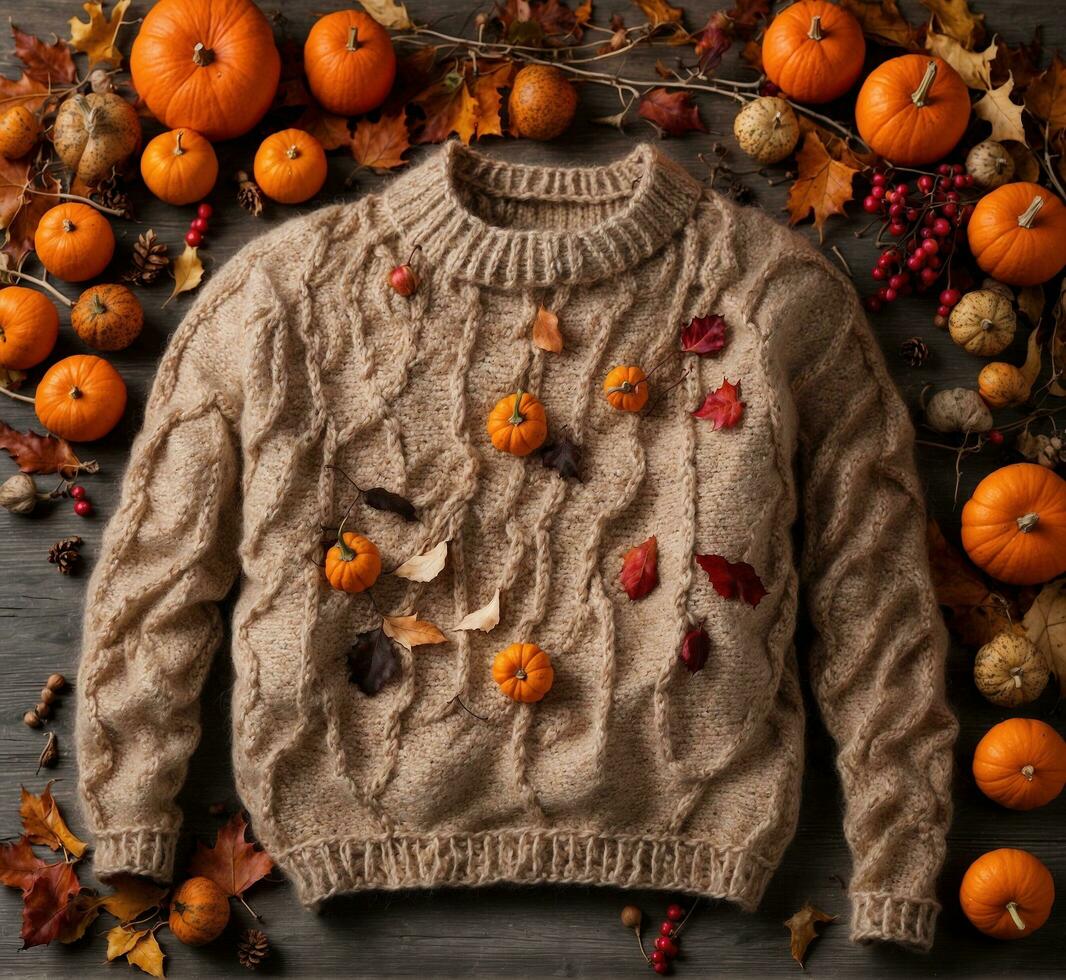 AI generated Autumn composition with pumpkins and a knitted sweater on dark wooden background photo