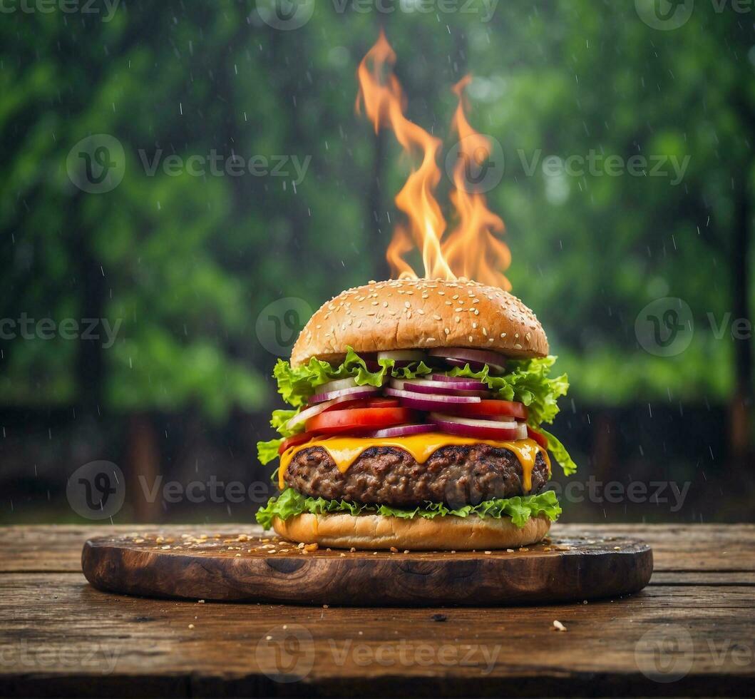 AI generated Hamburger with fire in the background of the forest and rain photo