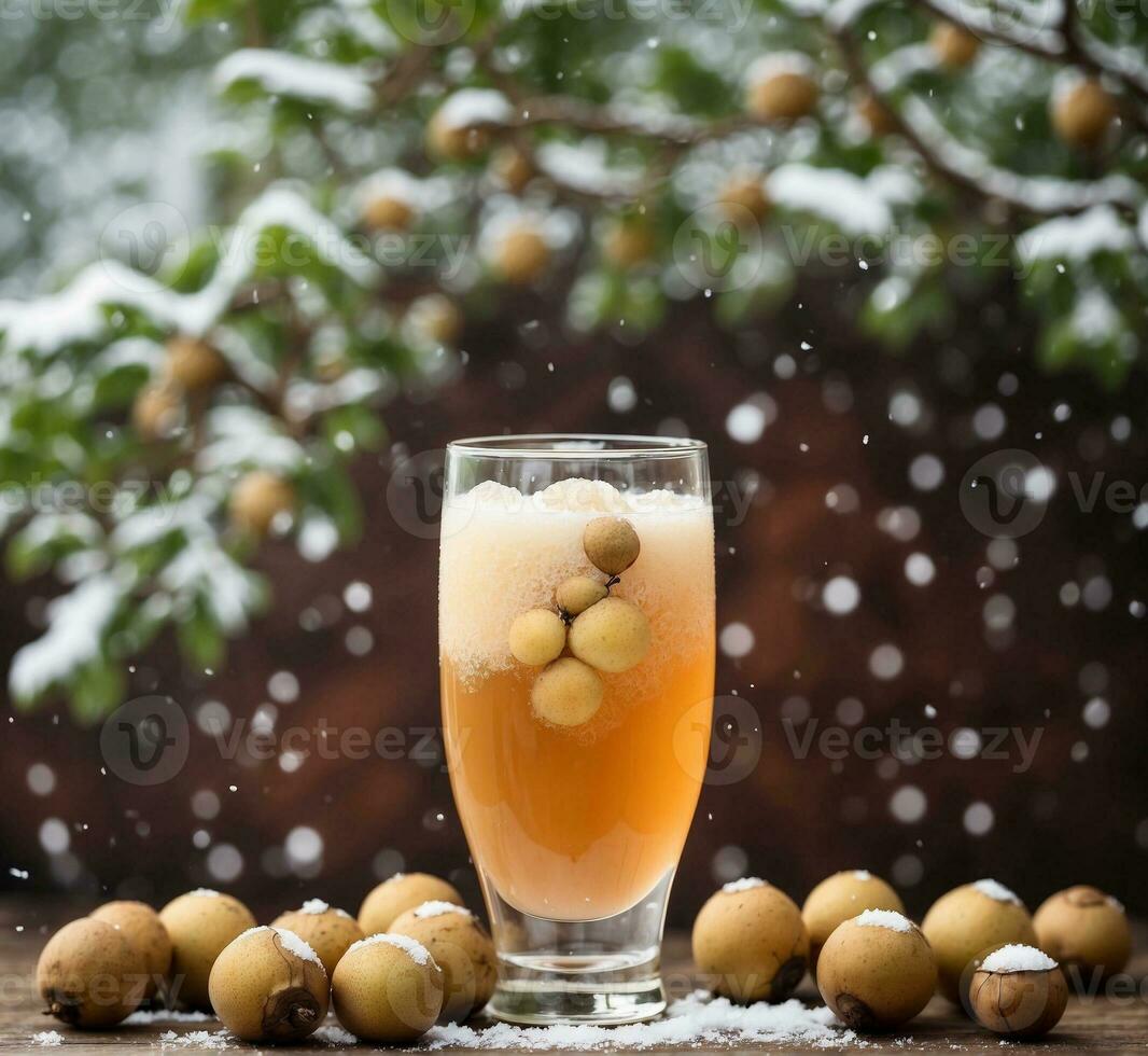AI generated Longan juice in a glass on a wooden table with snow. photo