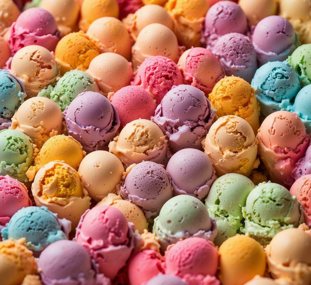AI generated Close up of colorful ice cream scoops in box. Selective focus. photo