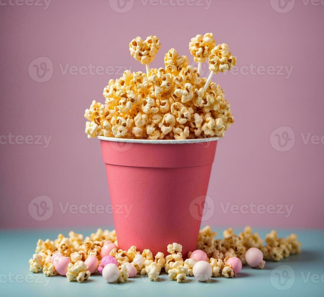 AI generated Popcorn in a pink bucket on a blue background. Selective focus. photo