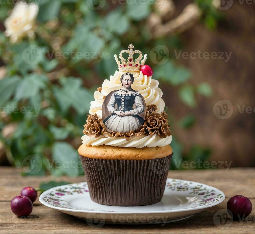 AI generated Cupcake with a crown and a queen on the top. photo