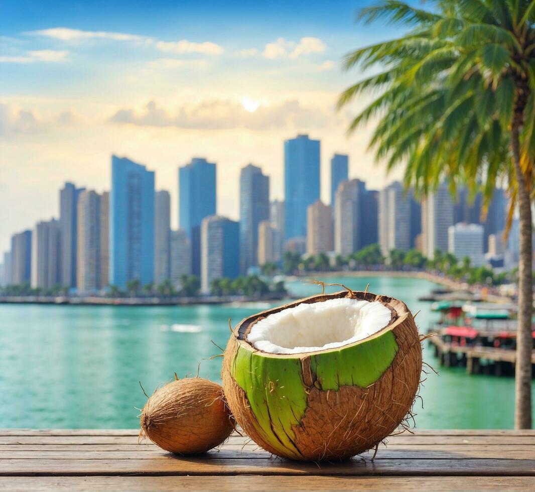 AI generated Coconut on wooden table with cityscape in the background. photo