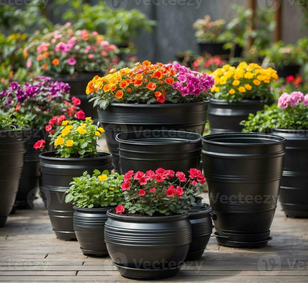 ai generado flores en ollas en un de madera terraza. jardinería concepto foto