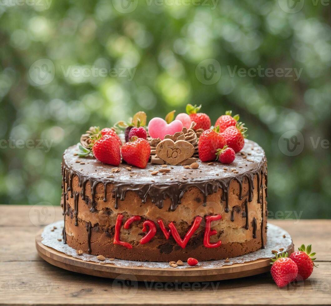 AI generated Chocolate cake decorated with strawberries and hearts on a wooden table. photo