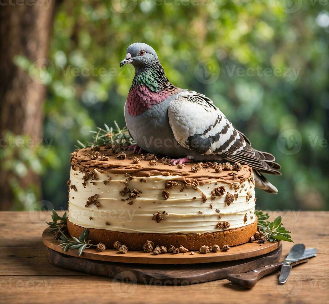 AI generated Pigeon on cake with rosemary and honey on wooden table photo