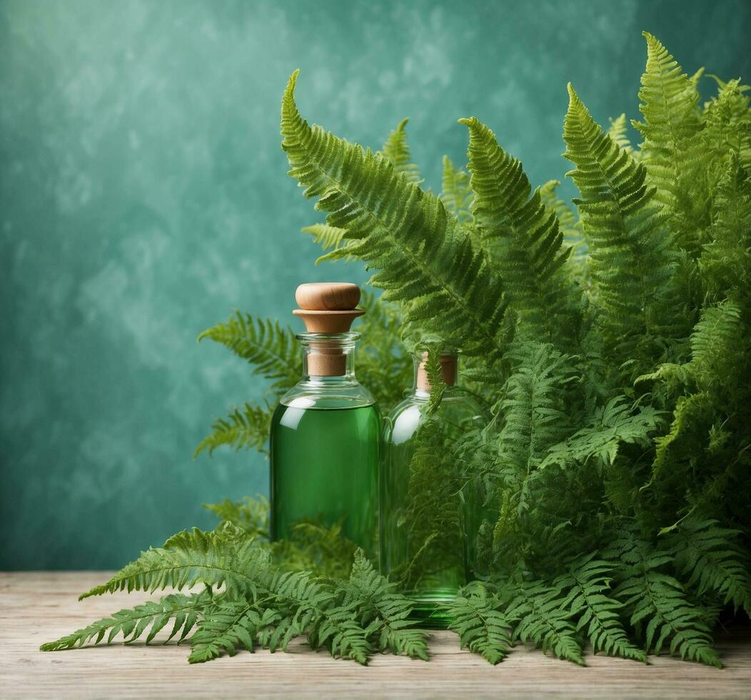 AI generated Bottles with essential oil and fern leaves on table against a color background photo